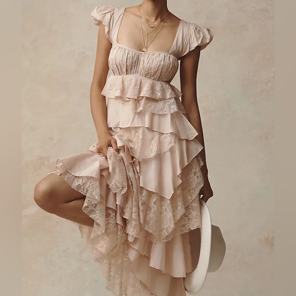Anthropologie Square Neck Ruffle Midi Dress